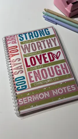 ✨ God says you are STRONG 💪 WORTHY 💖 LOVED ❤️ ENOUGH 🙌 Take your sermon notes in style and be reminded of His truth every Sunday. 📖✍️ #FaithOverFear #BibleJournaling #ChristianStationery #GodsWord #sermonnotes 