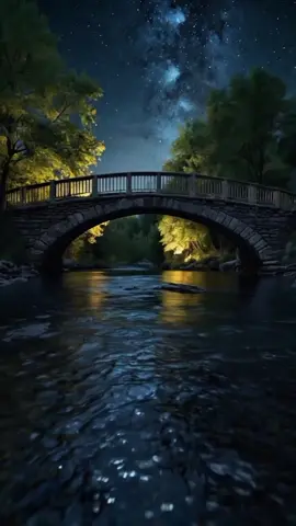 A tranquil night beneath a star-studded sky where the stone bridge connects the riverbanks, and the water flows gently in silence, embraced by still trees that complete the beauty of the scene. 🌌 #StarryNight  #DreamyEscape  #NatureVibes  #nightscenery  #PeacefulViews 