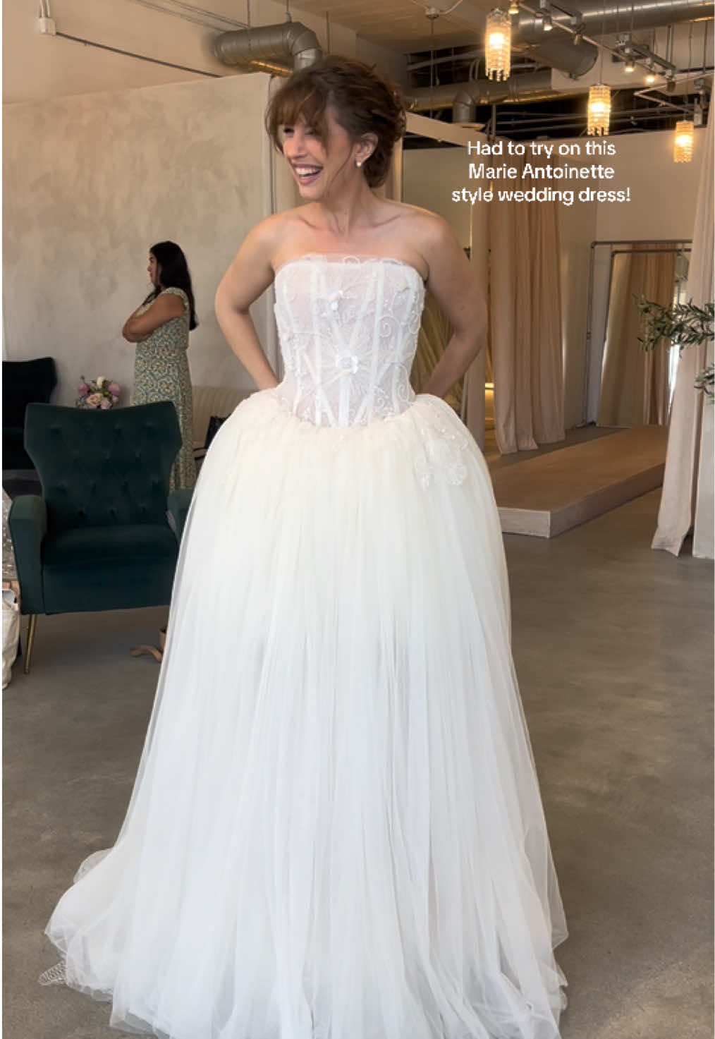 I haddd to try on this Marie Antoinette style wedding dress! It has a little tutu under it! So fun! 🥰💕💍 #marieantoinette #weddingdress #rococo #weddingdressshopping #weddingdresstryon 