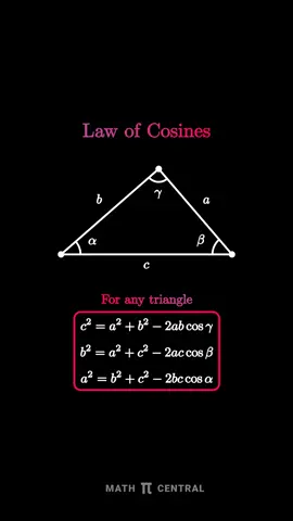 The cosine law is a way to find a missing side or angle in any triangle. It says that if you know two sides and the angle between them, you can work out the third side, or if you know all three sides, you can find an angle. It works by linking the lengths of the sides to the cosine of an angle, which measures how “open” the angle is. This makes it a more general version of the Pythagorean theorem that works for all triangles, not just right-angled ones. #math #LearnOnTikTok #trigonometry #animation #fyp 