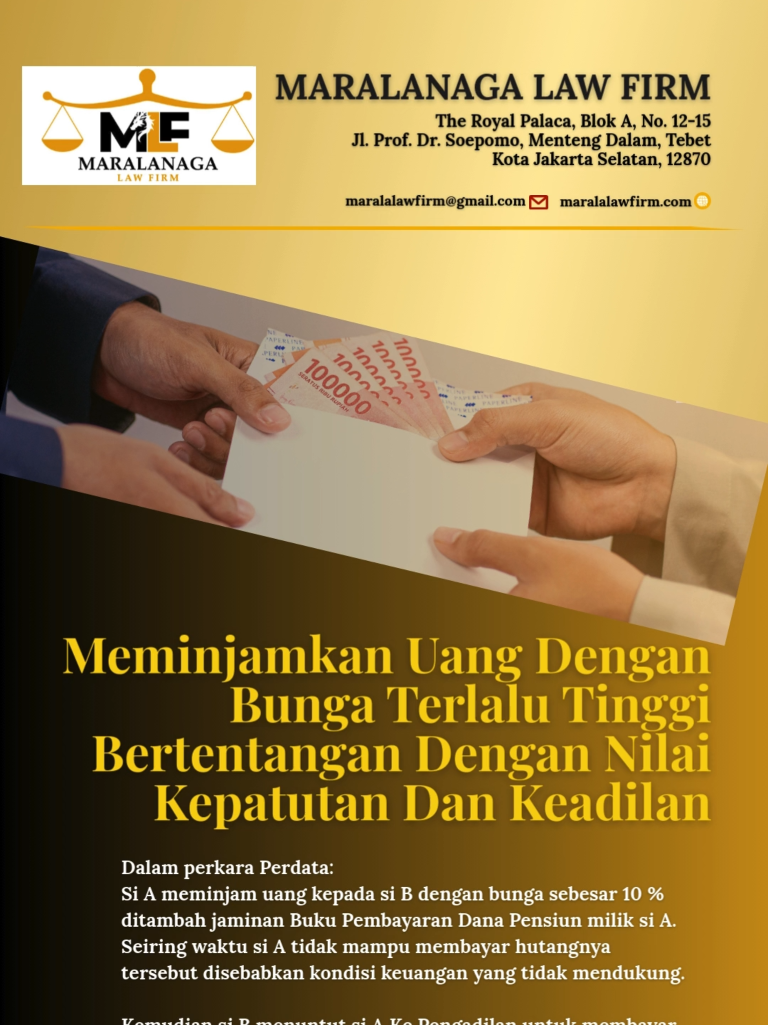 Bagian 9I Pinjaman Uang Dengan Bunga Terlalu Tinggi Tidak Dibolehkan Dalam perkara Perdata: Si A meminjam uang kepada si B dengan bunga sebesar 10 % ditambah jaminan Buku Pembayaran Dana Pensiun milik si A. Seiring waktu si A tidak mampu membayar hutangnya disebabkan kondisi satu dan lain hal. Kemudian si B menuntut si A Ke Pengadilan untuk membayar hutangnya sebagaimana dalam perjanjian sebelumnya. Putusan Pengadilan Negeri menghukum si A untuk membayar hutangnya dengan bunga sebesar 4 % , Kemudian dikuatkan oleh Pengadilan Tinggi (skor 2-0) untuk kemenangan si B. Si A menantang si B Ke Mahkamah Agung dan Menang! Mahkamah Agung menganulir skor 2-0 untuk kemenangan si B di Pengadilan Negeri dan Pengadilan Tinggi. Dengan Alasan: • Judex Facti telah salah menerapkan hukum; • Bunga 10 % yang diperjanjikan terlalu tinggi; • Bertentangan dengan kepatutan & Keadilan; serta • Ketentuan dalam perjanjian juga tidak dibenarkan yaitu dengan jaminan Buku Pembayaran Dana Pensiun milik si A. Sumber: Putusan Mahkamah Agung RI Nomor 3431 K/Pdt/1985, Tanggal 7 Januari 1987. #pinjamuang #pinjol #pinjamduluseratus😁#mahkamahagungri #Advokat #pengacara #konsultanhukum #rentenir #butuhuangtambahan #fyp #fypage