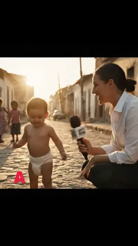 En este plano inicial, el bebé camina torpemente en una calle tranquila de un barrio humilde, con la luz dorada del atardecer creando una atmósfera nostálgica y cálida. Mientras da sus primeros pasos, la cámara captura el entorno urbano: calles empedradas, edificios deteriorados y niños jugando al fondo. La reportera, vestida con una camisa blanca y pantalón oscuro, se agacha frente al bebé, sosteniendo un micrófono y lista para hacerle una pregunta. Con una expresión inocente y sin saber lo que está por decir, el bebé responde sinceramente a la pregunta de la reportera sobre quién quiere más, si a mamá o a papá. La respuesta inesperada y cómica del bebé deja a todos sorprendidos y con una sonrisa, mientras la luz del atardecer ilumina todo, creando un contraste entre la inocencia del bebé y la cotidianidad del barrio. La escena tiene un tono cómico y juguetón, con un toque de humor natural que te hará sonreír. #videosgraciosos #comedia #humor  #Bebé #RespuestaDivertida 