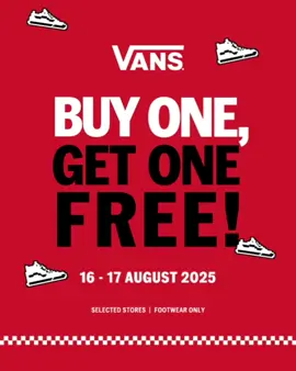 🚨BUY 1 GET 1 FREE! 🚨 Sambut kemeriahan kemerdekaan Indonesia dengan promo spesial dari Vans! ✨ Slide sampai akhir buat tahu detailnya! Catat tanggalnya : 📅16 Agustus - 17 Agustus 2025 📍 Vans store pilihan *Syarat dan ketentuan berlaku Share postingan ini ke temen-temen kamu buat belanja bareng sekarang! Jangan lupa follow @vans.indo dan @navyaretailindonesia untuk info promo menarik lainnya! @navyaretailindonesia @vans indonesia    