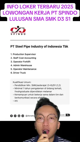 Lowongan Kerja PT Steel Pipe Industry of Indonesia Tbk 1. Production Supervisor 2. Staff Cost Accounting 3. Operator Forklift 4. Admin Warehouse 5. Operator Maintenance 6. Driver Truck Lihat detail:  https://www.disnakerja.com/lowongan-kerja-pt-steel-pipe-industry-indonesia-tbk/ #infoloker #carikerja #infokerja #lowongankerja #lokerterbaru 