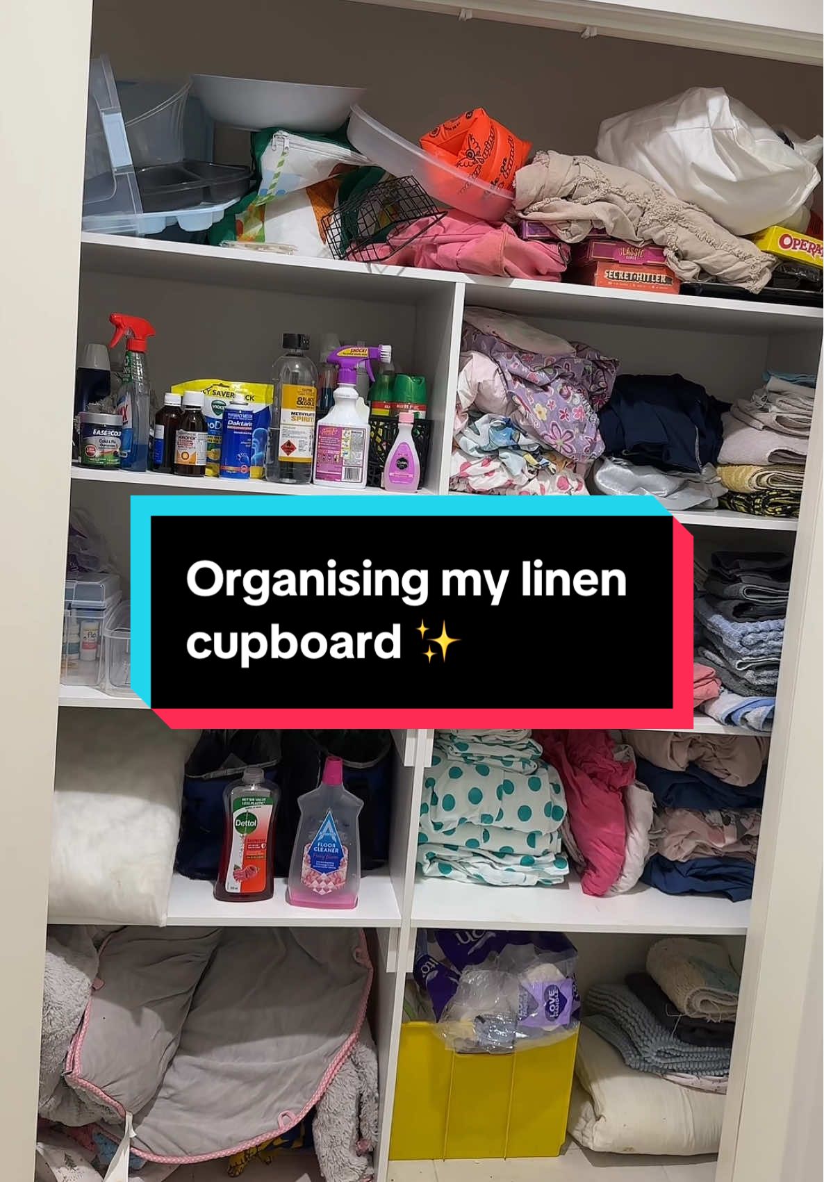 lemme de influence you that this is a normal linen cupboard 🤪 cause let’s be real, not all of us are able to drop $$ on storage baskets etc 🤍 #linencupboardorganisation#storage#fyp