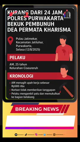 💥 Kurang dari 24 jam! Satreskrim Polres Purwakarta berhasil menangkap pembunuh Dea Permata Kharisma (27) di Jatiluhur. 🛑 Pelaku adalah pembantu rumah tangga korban yang tega menghabisi nyawa majikannya hanya karena kesal gaji tak dibayar. #Purwakarta #KasusKriminal #BreakingNews #Viral #PolresPurwakarta