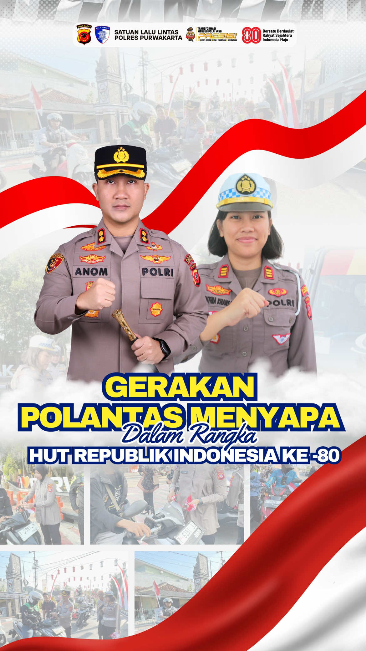 Gerakan Polantas Menyapa Dalam Rangka Hut Republik Indonesia ke-80 Dalam rangka memperingati Hari Ulang Tahun ke-80 Republik Indonesia, Kapolres Purwakarta, AKBP I Dewa Putu Gede Anom Danujaya, S.H., S.I.K., M.H., bersama Kasat Lantas Polres Purwakarta, AKP Muthia Khansa Nurwijaya, S.Tr.K., S.I.K., M.H., dan jajaran personel Satlantas Polres Purwakarta membagikan sekaligus memasangkan Bendera Merah Putih kepada para pengguna jalan.  Kegiatan ini menjadi wujud nyata semangat nasionalisme sekaligus ajakan untuk menumbuhkan rasa cinta tanah air. @Muthia Khansa @HumasPoldaJabar @HUMAS POLRES PURWAKARTA @RTMC Ditlantas Polda Jabar @KorlantasPolri.ntmc 