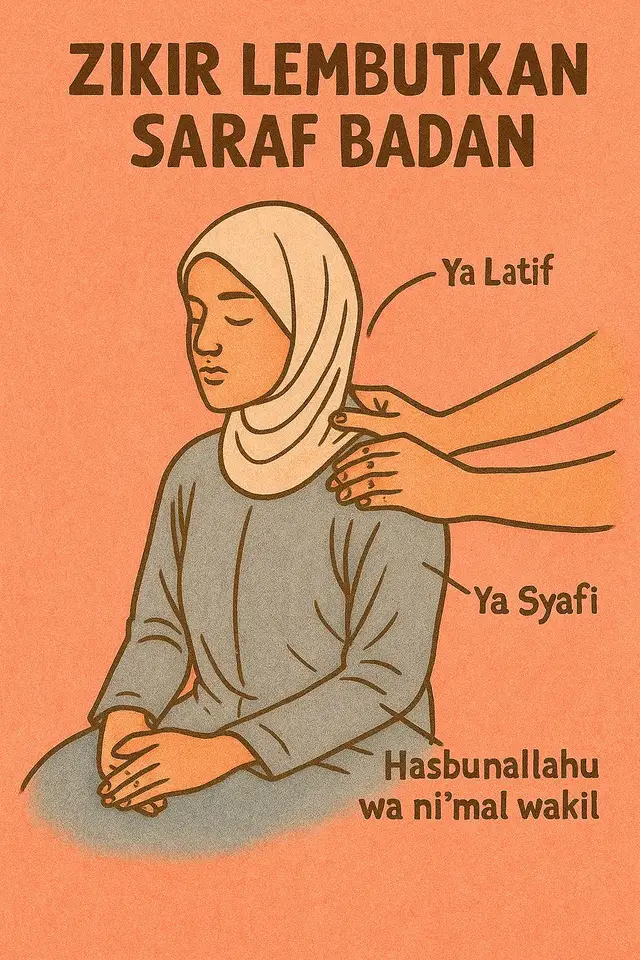 Zikr dapat membantu melembutkan saraf tubuh secara alami. Latihan zikr tidak hanya menenangkan jantung, tetapi memiliki efek positif pada sistem saraf, terutama ketika dilakukan dengan kesadaran penuh dan pernapasan tenang . Bagaimana Zikr Melunakkan Saraf:  1. Menenangkan sistem saraf pusat. Mengurangi ketegangan dan stres. Memperlambat detak jantung dan menstabilkan tekanan darah. 2. Aktifkan gelombang otak alfa dan theta Ini adalah gelombang yang terkait dengan ketenangan dan relaksasi yang mendalam. Membantu tubuh memasuki fase pemulihan saraf alami. 3. Meningkatkan produksi endorfin dan hormon serotonin Hormon ini berperan dalam perasaan bahagia dan menghilangkan stres. Contoh Zikr untuk Saraf & Kedamaian Pikiran: 1. Ya Latif Sangat direkomendasikan. Baca 129 kali sehari untuk kelembutan hati & tubuh. 