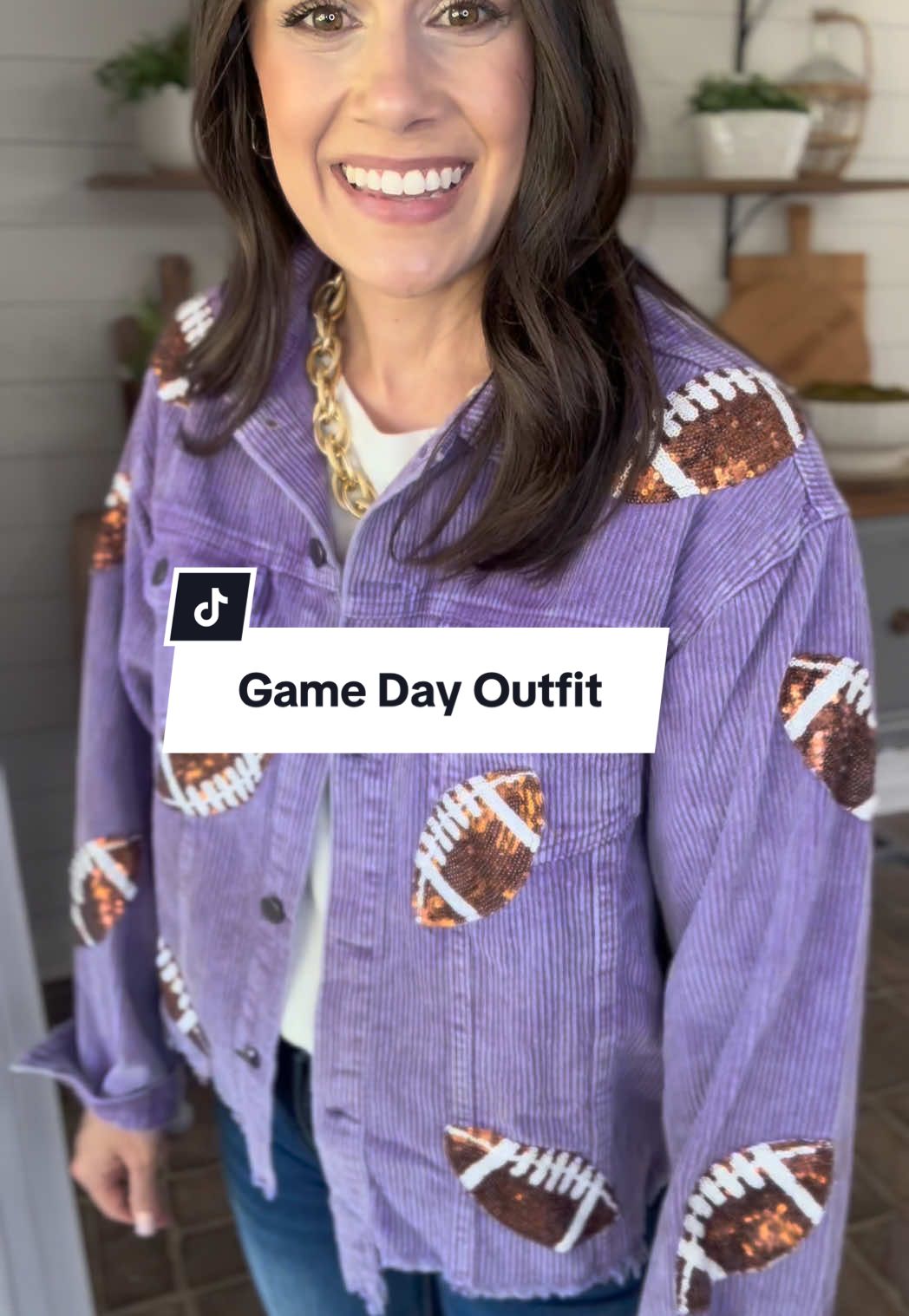 Super cute football corduroy jacket for women! Love this jacket for football season!  #corduroyjacket #gamedayoutfit #footballjacket #sequinjacket  #footballgameoutfit 