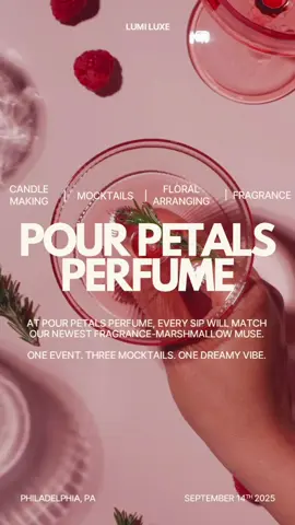 Imagine this: A spritz of sweet perfume on your wrist… A sip of strawberry in your glass… And a room full of flowers + fragrance.  That’s POUR PETALS PERFUME 🌺 - Candle-Making  - Flower Bar - Complimentary Mocktails - Perfume Station to test and try our newest perfume - marshmallow muse  - Dessert Bar  - A Self-Care bag to take home  🎟️ Your ticket is waiting! Philly You don’t want to miss it!