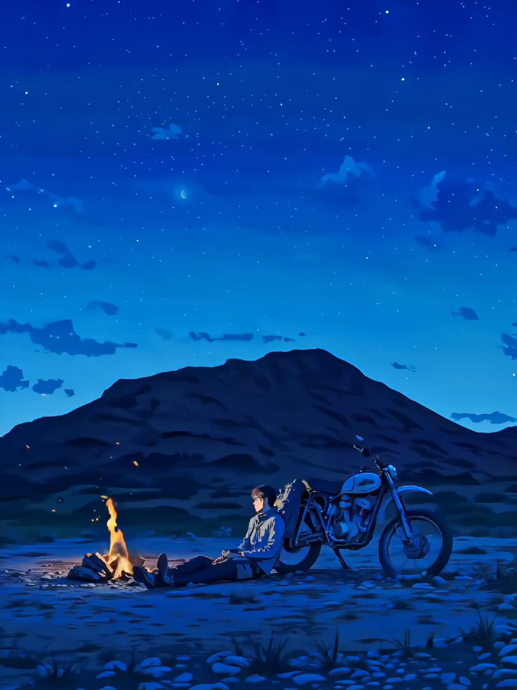 Finding solace under a blanket of Blue, Download more wallpaoer like this in my Bio! upscale by Livewallpaper77 video get by dylaanso 🎥 Not my content. Credits to rightful owner.   DM for credit/removal. I’m happy to update! #LiveWallpaper #AestheticWallpaper #StarryNight #MotorcycleVibes #CampfireChill 