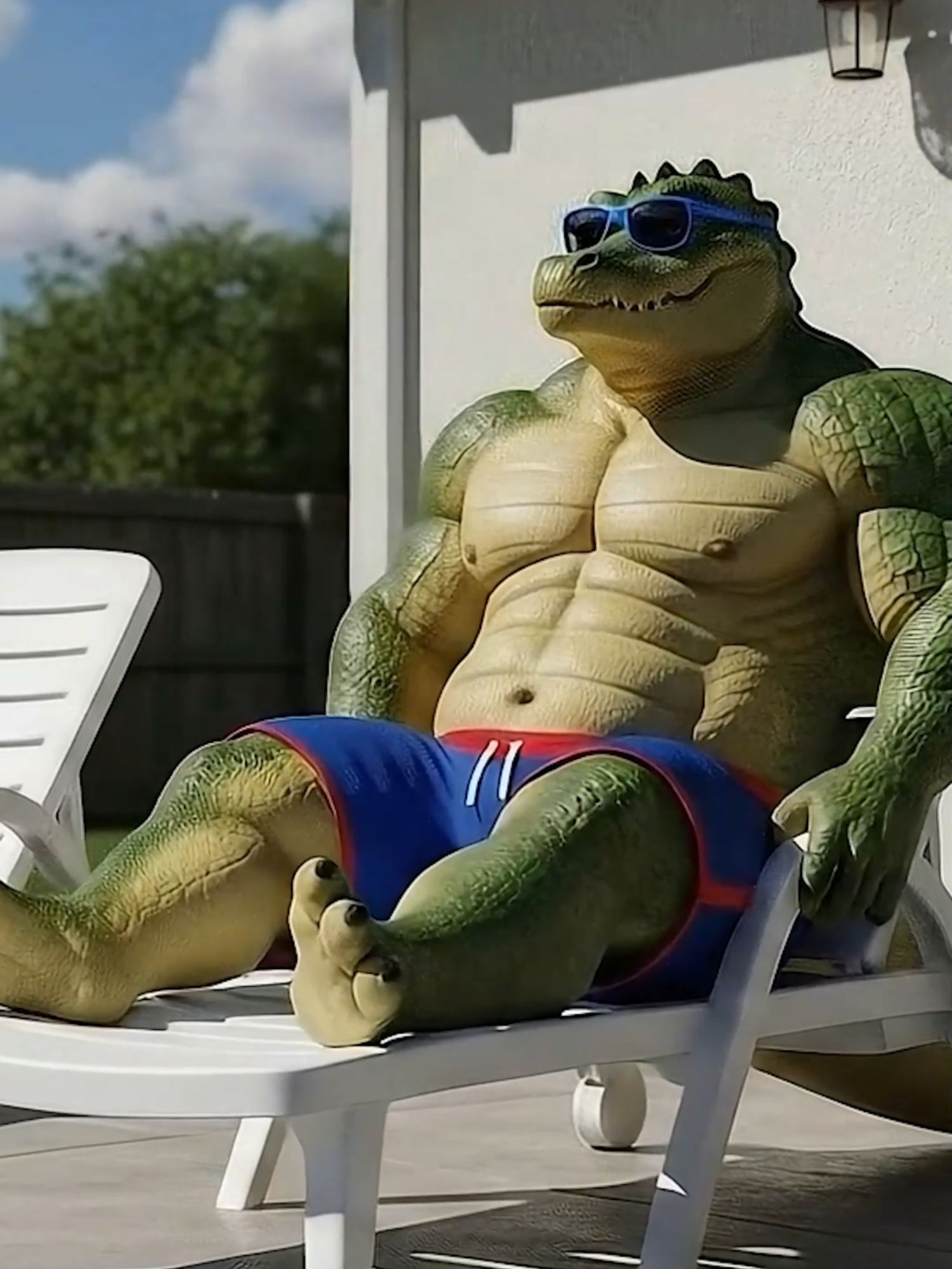 lounging by the pool 🐊🕶️🩳  #furry #ai #aifurry #gator #scalie