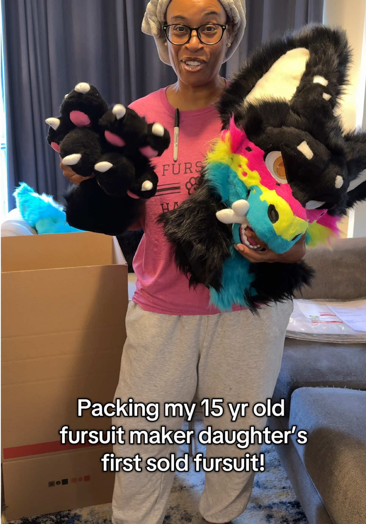 My 15 yr old fursuit making daughter @Chilla 🦇💫 sold her first fursuit! Watch as I pack it up for her to ship to the lucky buyer! #furry #fursuit #fursuitmaker #cosplay #cosplayer  @Staples 