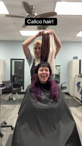 She wants Calico.. but is currently purple and black… let’s get to work!! #calicohair #hairroulette #hairroutine #hairextensions #fyp