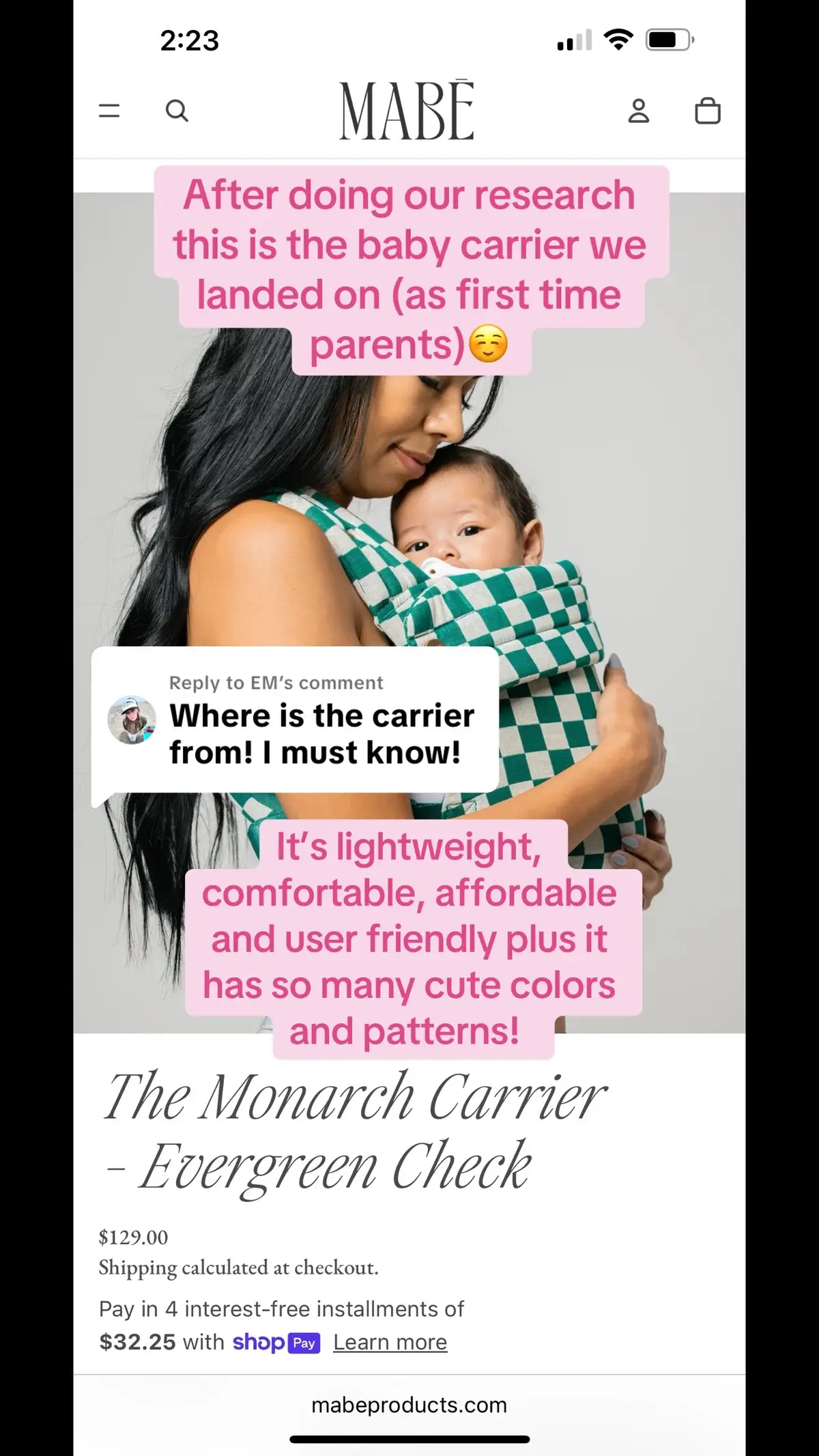 Replying to @EM choosing a baby carrier was pretty overwhelming not going to lie!😅 We ended up going with @MABĒ Carriers and cannot recommend enough! It ticked all the boxes for us - lightweight, comfortable, user friendly without breaking the bank 👏🏻 not to mention it’s super cute too☺️🫶🏻 #ftm #babycarrier #mabebabycarrier #babycarrying #registrymusthaves 