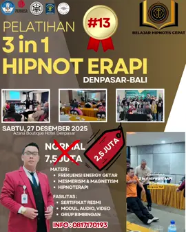JADWAL PELATIHAN DENPASAR BALI ANGKATAN KE 13 . Kuota TERBATAS. INFO 0817170193. #coachimam #hipnoterapi #pelatihanhipnoterapi #vypシviral #frekuensienergi 