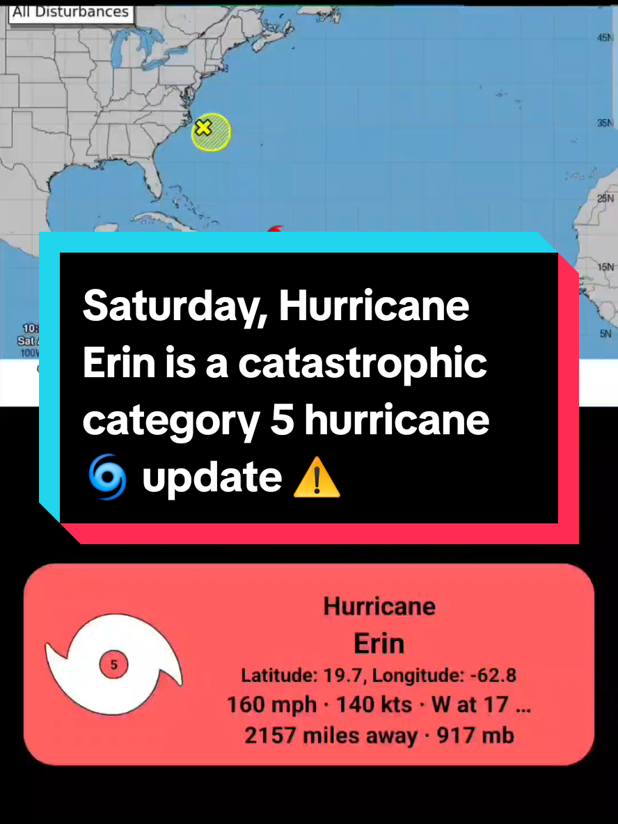 Erin has rapidly intensified into an extremely dangerous Category 5 hurricane with maximum sustained winds of 160 mph. It is located approximately 105 miles north of Anguilla and 235 miles east-northeast of San Juan, Puerto Rico. The storm is moving west at 17 mph.  #weather #media #news #foryou #hurricane 