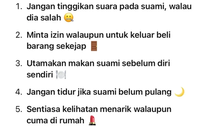 Ramai kata ini adab isteri, tapi ada yang anggap ia kawalan suami. Patut ikut semua, atau pilih yang logik je? 🤔 Adakah hormat suami bermaksud isteri hilang suara? Jom bincang — setuju atau marah, komen je! 💬 #AdabIsteri #TaatAtauTertindas #HakSuamiIsteri #BukanHamba #xycbca 