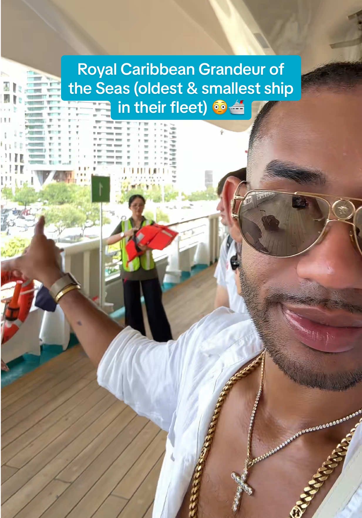 so far so good 😅🛳️ need to get me a drink ASAP that’s for sure 😂 #grandeuroftheseas #royalcaribbean #cruiseship #infamousxdrew #fyp 