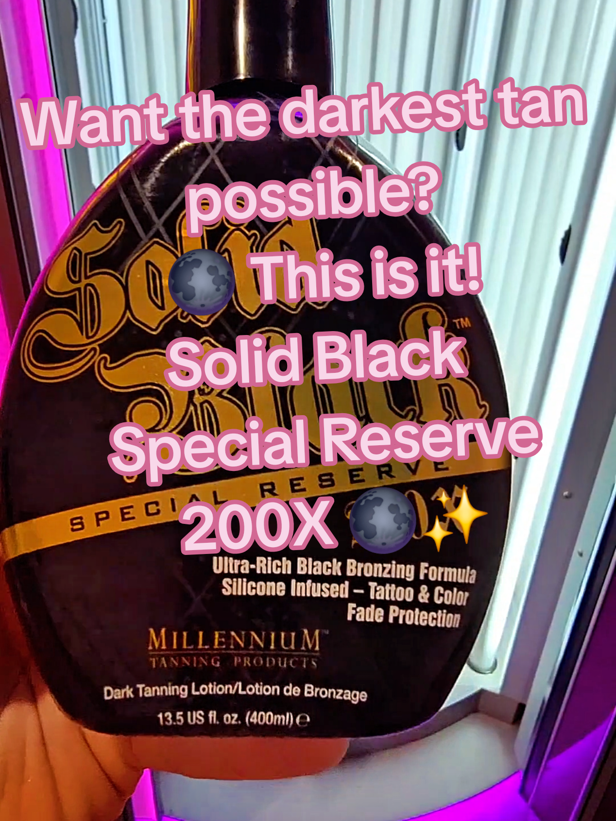 @Millennium Tanning Products  Solid Black Special Reserve 200X 🌑✨ This ultra-rich bronzing formula is silicone infused for silky smooth skin and designed with tattoo & color fade protection #TanningLotion #SolidBlack200X #BronzeGoddess #DeepTan #millenniumtanning 