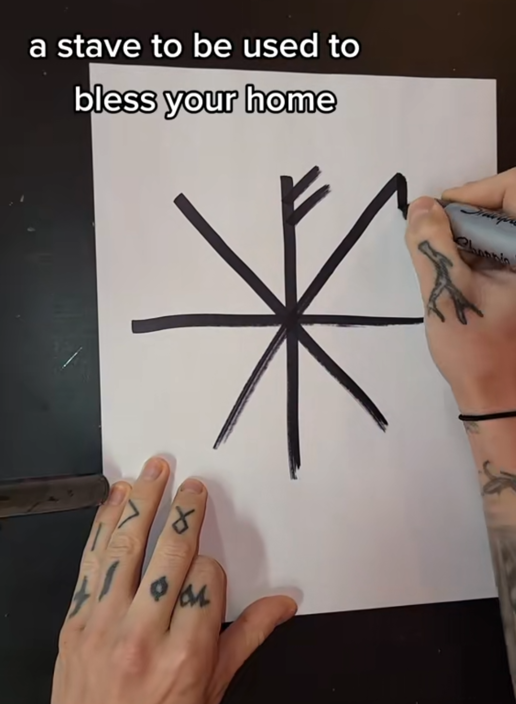 runes used: fehu for prosperity, uruz for good health, algiz for protection and othala to represent your home.  Learn how to make your own staves and bindrunes in my new book! find it on oreamnosoddies.com link in bio it also has Norse gods correspondences, rituals and rune meanings! #bindrune #norsepagan #norse #norsepaganism #witch 