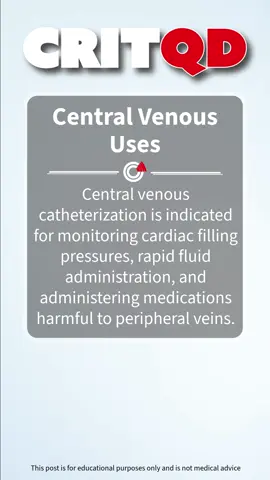 Central venous catheterization is indicated for monitoring cardiac filling pressures, rapid fluid administration, and administering medications harmful to peripheral veins. This post is for educational purposes only and is not medical advice.
