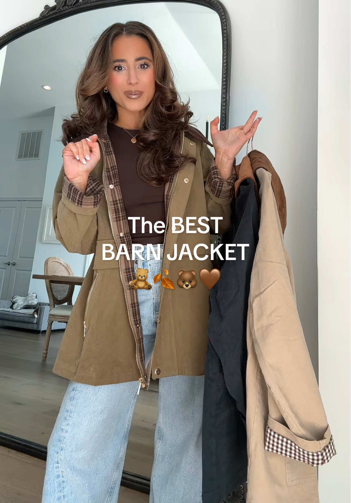 Alright girls what color is your favorite? Green, Beige or Navy? I truly can’t decide which color I love more. 🤎🧸🐻🍂  #fypシ #falloutfitinspo #pinterestoutfit #falloutfits #barnjacket trending talk barn jacket 