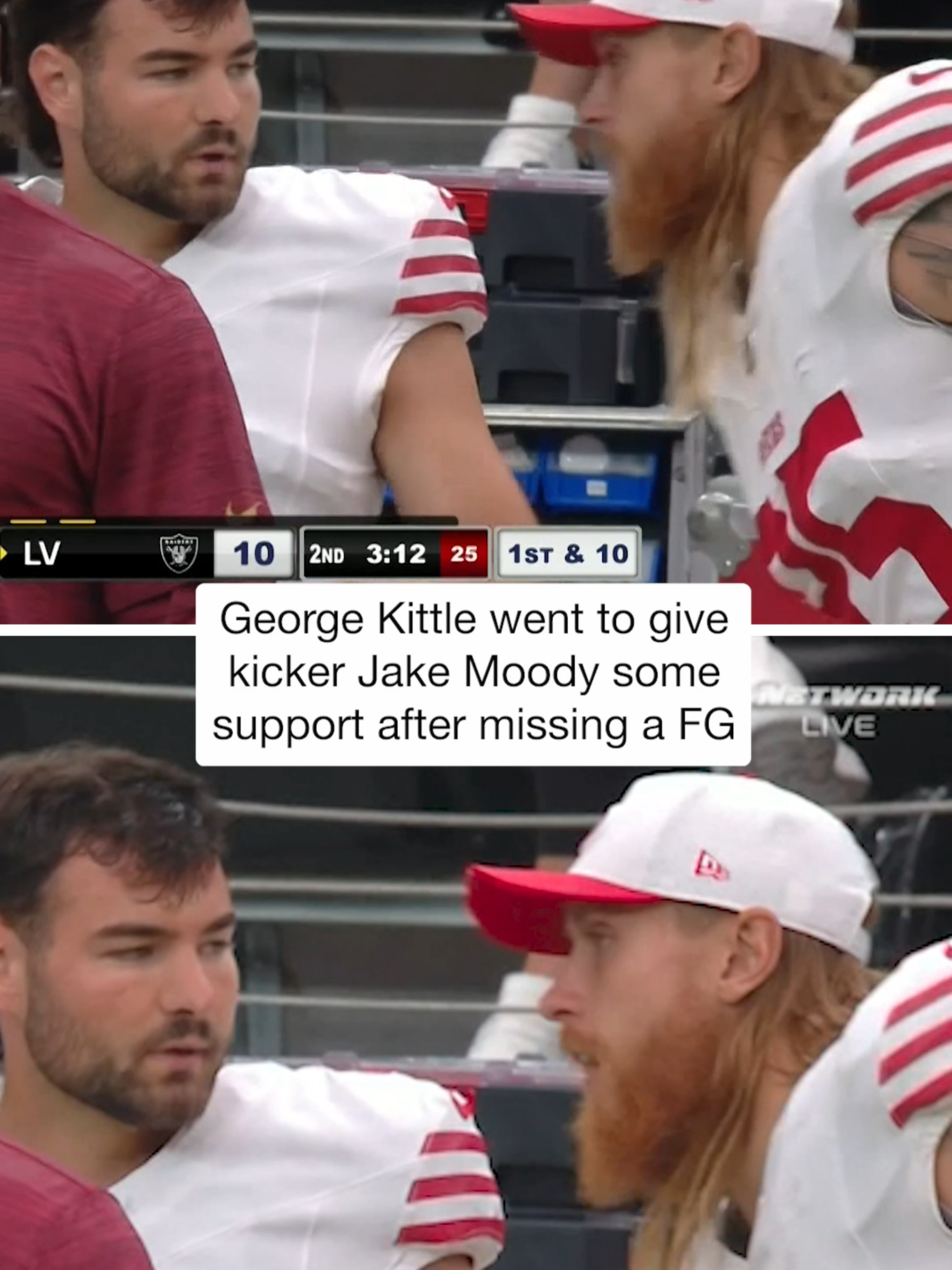 After missing a field goal, Jake Moody was met by George Kittle on the sideline. (🎥: NFL Network) #49ers #nflpreseason #nfl