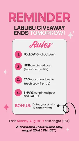 🚨REMINDER! Labubu X Full Out Glam Contest ENDS TOMORROW! To Enter: 📌 Head over to our profile, and click on the pinned post (with the labubu) ⭐️ Follow us @fulloutglam ❤️ Like our Pinned post 👯 Tag your cheer bestie (each tag = 1 entry) 💕 Share our pinned post and Tag us 💌 BONUS: DM us your email for 10 EXTRA ENTRIES! ENTER NOW BEFORE THE CONTEST ENDS TOMORROW AT 7 PM EST! Good Luck! #labubu #fulloutglam #contest #giveaway #Labubugiveaway
