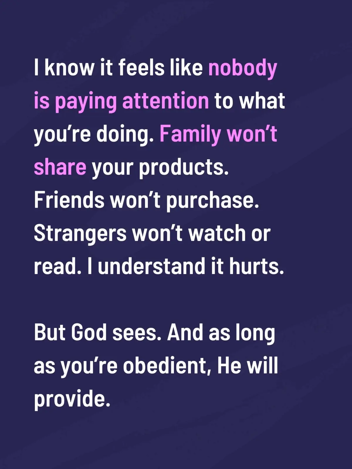 You’re trying. You’re listening to God, but things aren’t moving. The book isn’t selling. The product isn’t selling. The social media posts aren’t garnering attention. You feel like a failure. Family won’t share. Friends won’t support. And you’re asking God what’s up.  Many times, when we are obedient to God the things that move are not immediately outward. They’re inward. Our hearts change. Our motives change. Our perceptions change. Then all of a sudden, we don’t care so much about whether people support or see us, because we know that God sees us. We have His attention.  And then we understand something important. Obedience is not about what we gain temporally. It’s about who we become eternally. The book isn’t selling a vehicle. The product is a vehicle. All moving us closer to His side. And if God wants that thing you’re doing to pop, He will do it. Not us. And if He doesn’t, we aren’t held hostage by frustration and regret. We freely give Obedience to Him because He deserves it. Listen, God sees you. He loves you. He is with you. Let that applause be enough to keep you moving forward.  #encouragement #obedience 