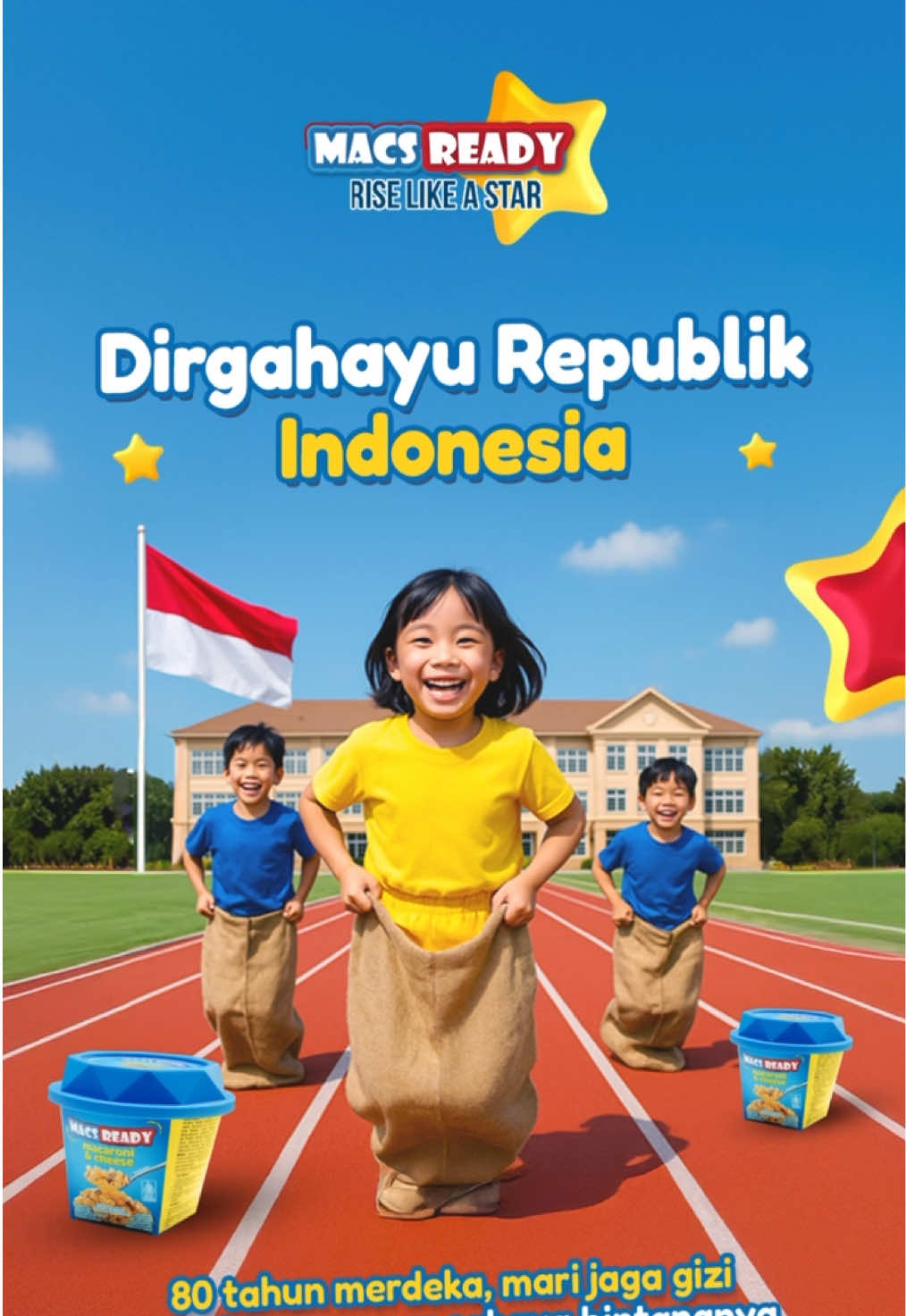 Selamat ulang tahun ke-80 Republik Indonesia 🇮🇩 Kemerdekaan tak hanya tentang masa lalu, tapi juga masa depan. Mari jaga gizi anak bangsa agar generasi penerus selalu bersinar seperti bintang 🌟 #MACSREADY #RiseLikeAStar #MacaroniAndCheese #HUT80RI #17Agustus