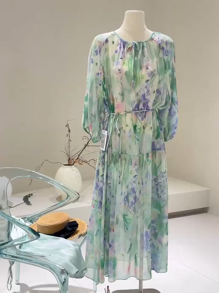 Spring Summer Women's Short Sleeve Twill Silk Dress Chinese National Style 100% Mulberry Silk @silksilkyofficial #silkclothes #silkclothing