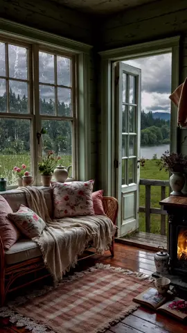 This is extremely relaxing and peaceful 🌧️😌   This cottage in the countryside is the dream spot for those seeking peace and quiet. Imagine spending rainy afternoons with a hot cup of coffee watching the rain fall 🌧️🥱 In this cabin, the soft sound of rain blends perfectly with the crackling of the fireplace, creating the most relaxing atmosphere to soothe your body and mind.  If you love these vintage cottages, rainy days, and the sound of rain, follow me for more. 🥰 #rain #cozy #cottagecore #relaxingvideos #calmingsounds 