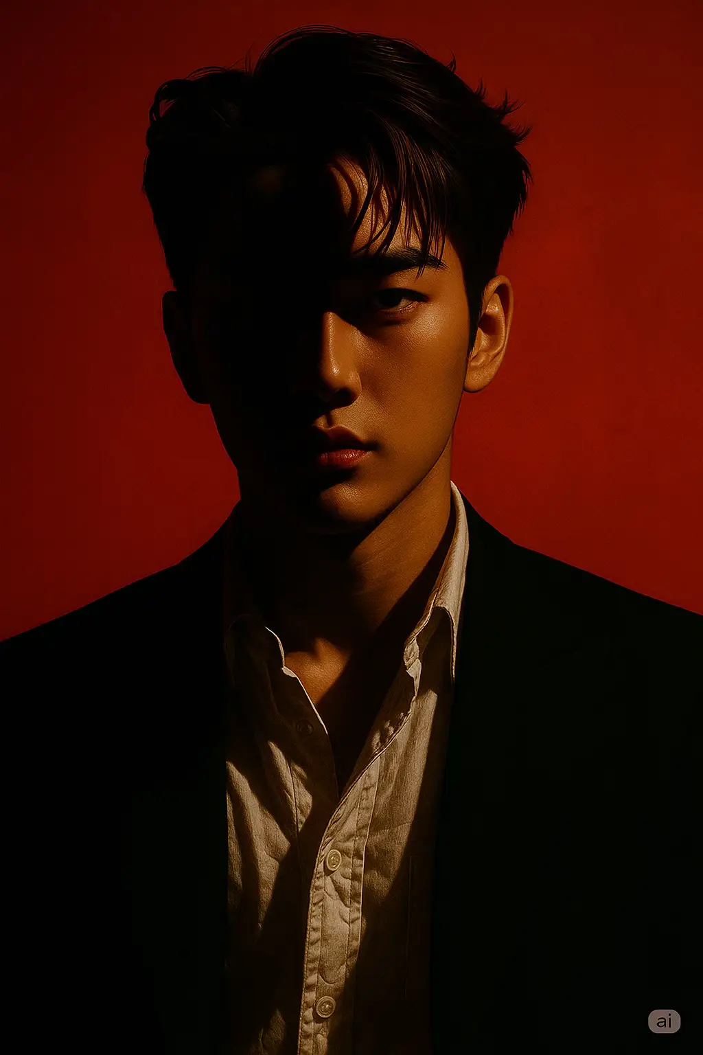 1. Open ChatGPT 📲 2. Upload your photo 📸 3. Paste the prompt 👇 Create a dramatic  portrait of a young man standing against a vivid red background. Wearing a formal black suit over a slightly wrinkled white shirt. Half of my face and body are cast in deep shadow, creating a strong chiaroscuro lighting effect. The lighting is clean and stylized, with sharp highlights on the lit side of my face.#trungayai #ai #aiart #chatgpt #trending #fyp 