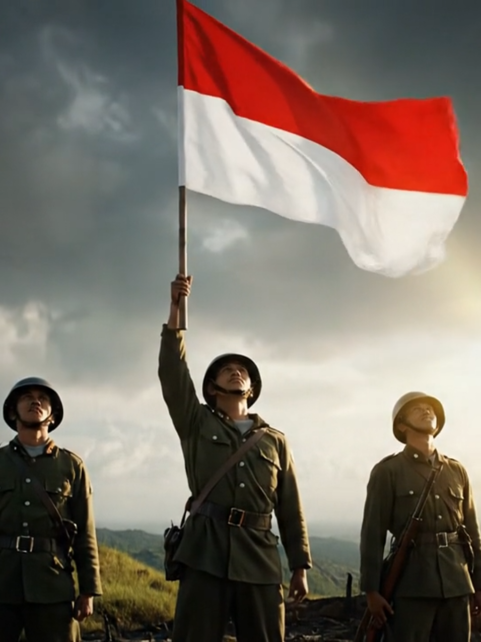Merdeka Indonesia! 🇮🇩🇮🇩🇮🇩🇮🇩 Prompt: Cinematic slow-motion of Indonesian freedom fighters in 1945 uniforms raising the red and white flag on a battlefield hilltop. The camera circles around them as sunlight breaks through the clouds. End with the flag waving strongly in the wind, seamlessly returning to the start of the shot. Ultra realistic, 4K, epic patriotic mood. #serunya17an #benderamerahputih #17agustus #kemerdekaanindonesia #fyp 