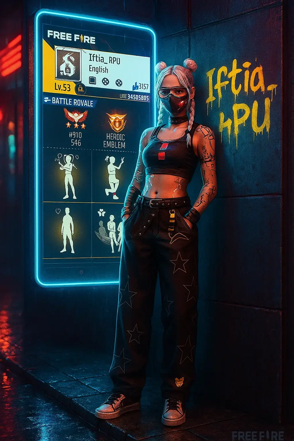 Buat gambar dengan estetika cyberpunk: neon cerah, tekstur futuristik, detail cerah, dan pencahayaan kontras tinggi.Buat poster game cyberpunk vertikal beresolusi tinggi 9: 16. Gunakan gambar Free Fire MAX yang dimuat persis seperti yang ditunjukkan, menjaga wajah, pakaian, gaya rambut, topeng, tato, sarung tangan, celana, dan sepatu yang sama. Botol harus terlihat elegan dengan kedua tangan di saku, dengan santai bersandar di dinding di jalan hujan yang diterangi lampu neon. Hapus semua tanda Cina atau asing dari latar belakang. Selain itu, gabungkan teks tanda air kecil 