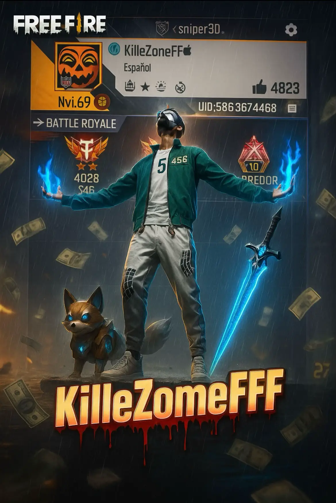 Crea un póster digital cinematográfico para un jugador de Free Fire. En el fondo, muestra claramente la captura de pantalla del perfil, sin desenfocar ni desenfocar ninguna parte. La imagen debe ser nítida y legible, mostrando todos los detalles que aparecen naturalmente en el perfil (como estadísticas, íconos, texturas, emblemas, números, etiquetas y botones), y debe ser completamente visible y comprensible para el espectador. En primer plano, coloca la imagen del personaje, de pie en una postura orgullosa y victoriosa con ambos brazos extendidos (postura de TI). La cabeza del personaje debe estar ligeramente inclinada hacia arriba, mirando al cielo con una expresión heroica y agradecida. Agrega lluvia dramática, destellos cinematográficos y sombras suaves para resaltar al personaje y al perfil con claridad y sin superposiciones que generen confusión. #freefire_lover #fyp #videoviral #ChatGPT #paratiiiiiiiiiiiiiiiiiiiiiiiiiiiiiii 