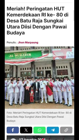 Sungkai Utara- Meriah, itulah gambaran yang terlihat pada perayaan Hari Ulang Tahun (HUT) Kemerdekaan Republik Indonesia (RI) ke-80 yang dilaksanakan di Desa Batu Raja Kecamatan Sungkai Utara, Lampung Utara Minggu 17 Agustus 2025. Peringatan HUT Kemerdekaan RI ke-80 ini disemarakan dengan acara karnaval budaya yang penuh warna dan semangat kebangsaan. Ratusan pelajar dari berbagai tingkat pendidikan diwilayah setempat nampak berbaur dengan masyarakat yang juga ikut memeriahkan karnaval pawai budaya itu. Pantauan dilapangan peserta nampak menampilkan keunikan budaya Indonesia. Sepanjang rute pawai, masyarakat tumpah ruah dipinggir jalan untuk menyaksikan arak-arakan. Tepuk tangan dan sorakan meramaikan suasana menunjukan semangat persatuan. Kepala Desa Baturaja Amir Saputra menyampaikan terimaksih kepada masyarakat yang telah mendukung dan membantu kegiatan tersebut. “Saya ucapkan banyak terimaksih kepada seluruh masyarakat dan peserta kegiatan yang telah ikut mensukseskan acara kita pada hari ini,”ujarnya Minggu 17 Agustus 2025. ￼ Lanjut Amir, melalui kegiatan ini, diharapkan dapat menumbuhkan rasa kebersamaan dan kekeluargaan serta semakin dapat memupuk rasa nasionalisme masyarakat. “Sehingga dapat mewarisi semangat dan nilai-nilai perjuangan dalam diri masyarakat,”ucapnya. Dilain sisi Amir menyebut, peringatan HUT RI ke-80 bukan hanya seremonial, melainkan momentum untuk memperkuat rasa cinta tanah air dan menjaga situasi kamtibmas. “Peringatan HUT Kemerdekaan RI ke-80 ini menjadi pengingat bagi kita semua untuk terus menumbuhkan semangat persatuan, nasionalisme, dan menjaga situasi kamtibmas yang aman serta kondusif,”pungkasnya #17agustus2025 #harikemerdekaan #Desabaturajakecamtansungkaiutara #Kadesbaturaja #amirsaputra 