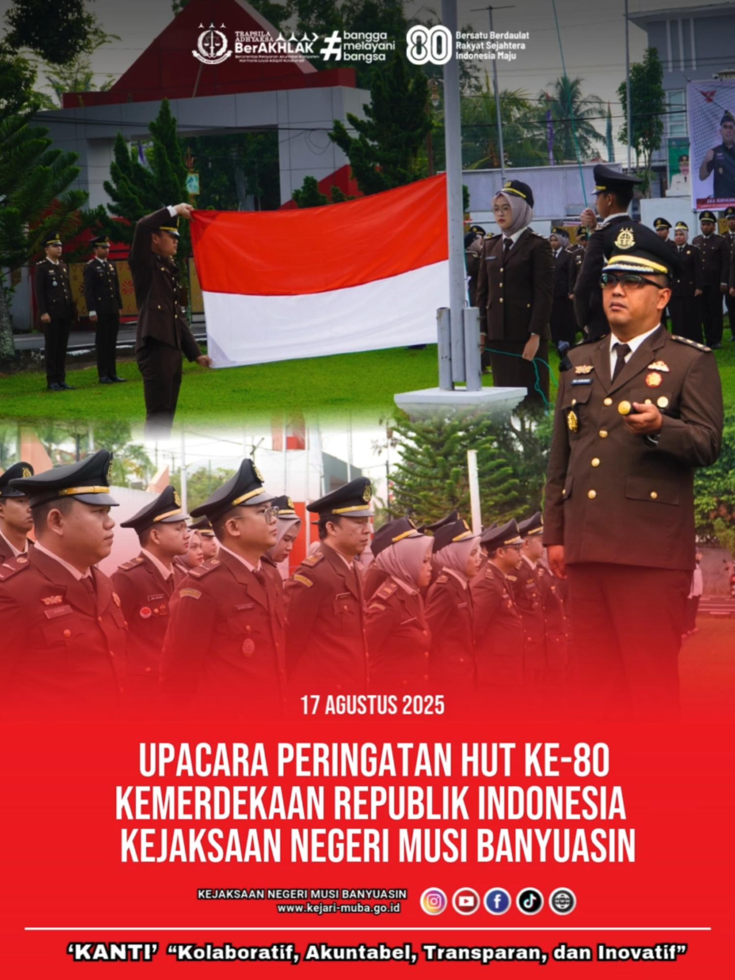 Minggu tanggal 17 Agustus 2025  Kejaksaan Negeri Musi Banyuasin Melaksanakan Upacara Peringatan Hari Ulang Tahun ke-80 Kemerdekaan Republik Indonesia yang diikuti Oleh Seluruh Jajaran Kepala Seksi,Pegawai Tata Usaha,dan PPNPN,Kegiatan tersebut dilaksanakan pada Lapangan Kantor Kejaksaan Negeri Musi Banyuasin. Dalam Hal Ini Yang Bertindak Sebagai Inspektur Upacara Kepala Kejaksaan Negeri Musi Banyuasin Bapak Aka Kurniawan .S.H.,M.H dalam Amanat Nya menyampaikan Untuk mengajak seluruh peserta untuk mensyukuri nikmat kemerdekaan yang telah diraih melalui perjuangan panjang para pahlawan bangsa Kemerdekaan diingatkan bukanlah akhir dari perjuangan, melainkan awal dari tanggung jawab untuk mengisi dengan kerja nyata dan prestasi. Mengangkat tema “Indonesia Emas 2045: Maju, Berdaulat, Berkelanjutan”, amanat tersebut menekankan pentingnya persatuan, gotong royong, dan semangat inovasi dalam menghadapi tantangan global, kemajuan teknologi, dan perubahan iklim. Generasi muda diharapkan menjadi pelopor kemajuan dengan menjunjung tinggi akhlak mulia, kreativitas, serta adaptif terhadap perkembangan zaman. Amanat diakhiri dengan ajakan untuk melanjutkan perjuangan para pahlawan melalui karya, integritas, dan semangat persatuan demi mewujudkan Indonesia yang maju, sejahtera, dan berdaulat. @kejaksaan.ri@kejatisumateraselatan  #kejaksaanri #kejatisumateraselatan #kejarimuba #wbk2025 #kemenpanrb #kantikejarimuba #kejarimubakantimasyarakat