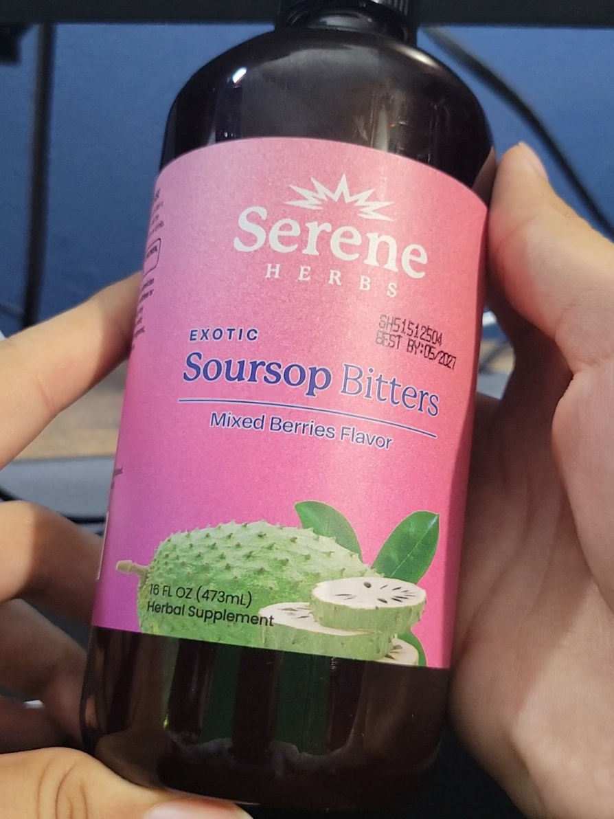 Serene Herbs Soursop Bitters Mixed Berry Flavor 😁 Make sure to shake the bottle before taking a serving. It's still going to taste bitter, Just not as much. I highly recommend it 🙌 #soursop #soursopbitters 