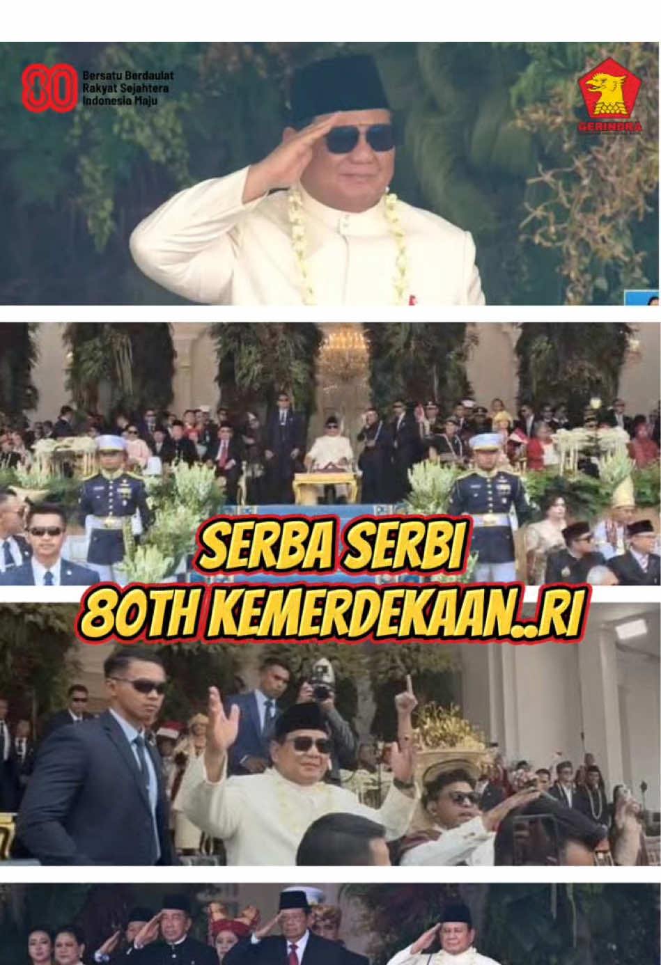 Perayaan HUT ke-80 Kemerdekaan RI di Istana Negara. Suasana khidmat terasa saat Presiden memimpin upacara, dilanjutkan dengan pesan hangat untuk para pejuang di Cianjur, Bogor, dan Pangkep. Presiden menyampaikan terima kasih atas kontribusi dalam pembangunan dan kesejahteraan masyarakat. Selain itu, acara dimeriahkan dengan pertunjukan budaya Indonesia yg sangat beragam serta juga atraksi pesawat udara yang spektakuler dari TNI AU untuk rakyat Indonesia, sekaligus menunjukkan profesionalisme dan kesiapan mereka dalam menjaga kedaulatan udara negara.  Sebuah momen tak terlupakan ketika menyaksikan pertunjukan 