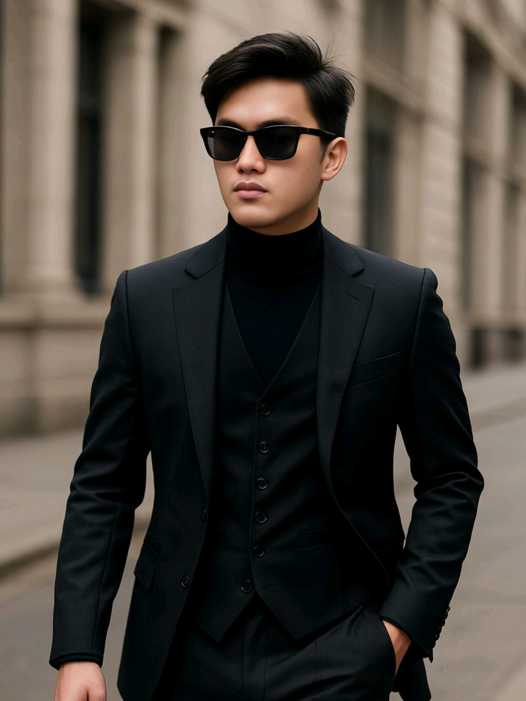 cChatGPT prompt: his is my face make me a An editorial high-fashion photo of an elegant, confident male model walking with poise and determination. He wears black sunglasses and a stylish white three-piece suit paired with a white turtleneck sweater, exuding luxury and control. His left hand is in his pocket, and his expression is focused. 8K.#jheric #fyp #howtogenarate #chatgpt #tutorial 