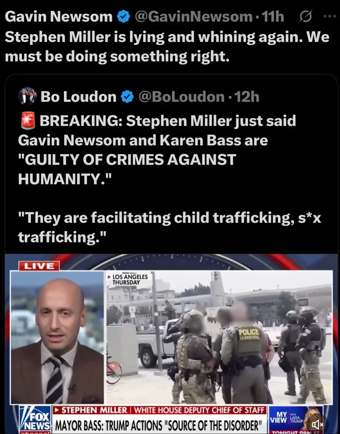 Stephen Miller recently accused Gavin Newsom and Karen Bass of 