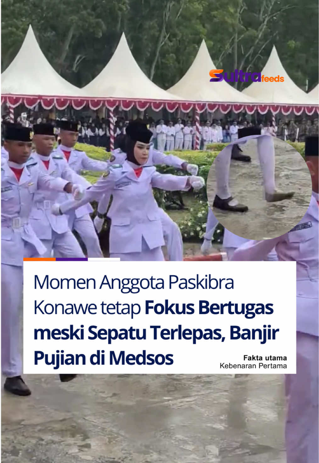KONAWE – Sebuah momen tak terduga dialami salah seorang anggota Pasukan Pengibar Bendera (Paskibra) Konawe, Sulawesi Tenggara (Sultra) di HUT ke-80 Republik Indonesia (RI), Minggu (17/8/2025). Pasalnya, sepatu bagian kaki kiri yang ia kenakan tiba-tiba terlepas saat tengah menjalankan tugas. Kondisi itu tak membuatnya gentar, ia bahkan terlihat fokus seperti tak terjadi sesuatu selama menjalankan tugasnya tersebut. Aksinya itu diketahui terekam kamera amatir dan tersebar di Facebook Aim Projeck. Sejumlah warganet yang menyaksikan video tersebut berdecak kagum. Tak sedikit warganet melontarkan pujian terhadap salah seorang Paskibra Konawe itu. “Semangat. Walaupun kurang 1 sepatu tetap berjalan dengan langkah tegap,” tulis salah seorang warganet dengan nama akun Salmi Athiyah. #sultrafeeds 