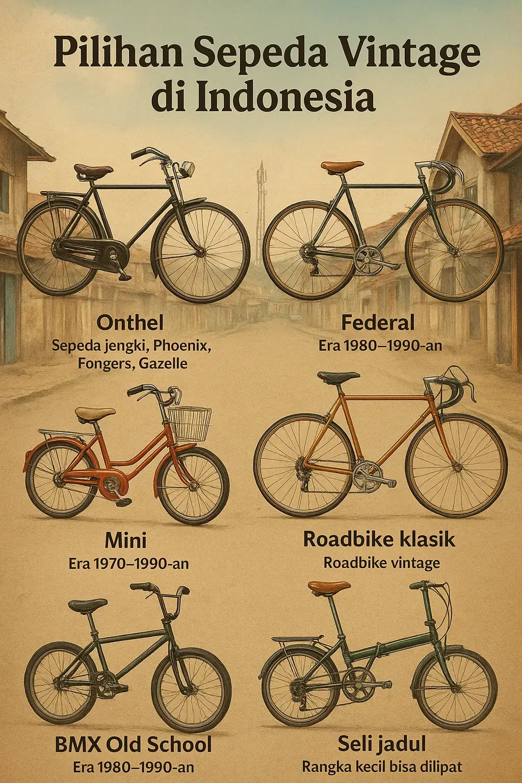 Sepeda vintage masih jadi favorit banyak orang di Indonesia. Dari onthel klasik, federal legendaris, hingga BMX old school—setiap jenis punya cerita dan ciri khas unik. Cocok untuk koleksi, gaya retro, atau sekadar gowes santai dengan nuansa nostalgia. 🚲✨ --- 🔑 Keywords sepeda vintage, sepeda onthel, sepeda federal, sepeda mini, roadbike klasik, BMX old school, sepeda lipat jadul, sepeda retro Indonesia --- 📌 Hashtag #SepedaVintage #Onthel #FederalBike #SepedaMini #RoadbikeKlasik 