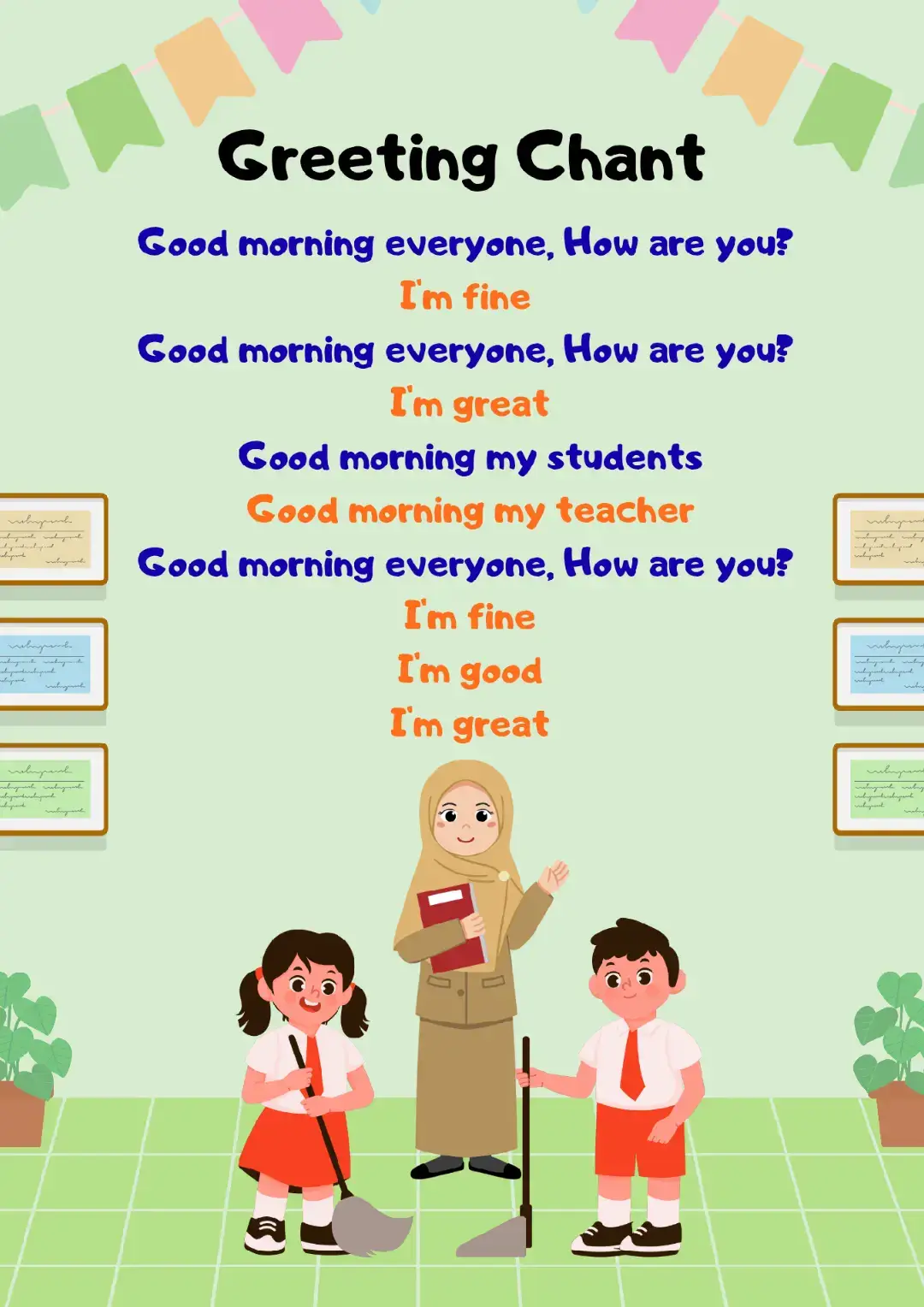 Membuka pembelajaran yang menyenangkan dengan greeting chant! Ayo bangkitkan semangat belajar anak anak dari awal membuka pembelajaran 🤩. Jangan lupa di hafalkan!😉 #englishlesson #greeting #englishteacher #englishbeginner #fy 