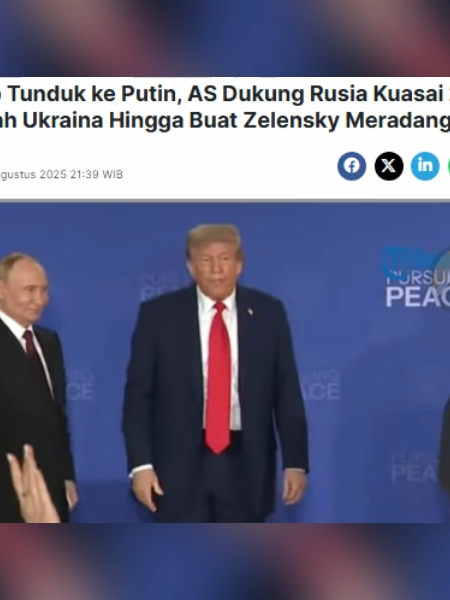 𝐓𝐫𝐮𝐦𝐩 𝐓𝐮𝐧𝐝𝐮𝐤 𝐤𝐞 𝐏𝐮𝐭𝐢𝐧, 𝐀𝐒 𝐃𝐮𝐤𝐮𝐧𝐠 𝐑𝐮𝐬𝐢𝐚 𝐊𝐮𝐚𝐬𝐚𝐢 𝟐 𝐖𝐢𝐥𝐚𝐲𝐚𝐡 𝐔𝐤𝐫𝐚𝐢𝐧𝐚 𝐇𝐢𝐧𝐠𝐠𝐚 𝐁𝐮𝐚𝐭 𝐙𝐞𝐥𝐞𝐧𝐬𝐤𝐲 𝐌𝐞𝐫𝐚𝐝𝐚𝐧𝐠 𝐈𝐧𝐭𝐞𝐫𝐧𝐚𝐬𝐢𝐨𝐧𝐚𝐥, 𝐀𝐧𝐝𝐚𝐥𝐚𝐬𝐍𝐞𝐰𝐬.𝐜𝐨𝐦 – Presiden Amerika Serikat (AS), Donald Trump bertemu dengan Presiden Rusia Vladimir Putin di Alaska pada Jumat (15/8/2025). Setelah melakukan pertemuan itu, Trump sepakat mendukung usulan Rusia mengambil alih kendali penuh atas dua wilayah Ukraina. Menurut sumber, Putin secara de facto menuntut Ukraina meninggalkan Donbas. Wilayah tersebut terdiri dari Donetsk dan Luhansk di Ukraina timur. Menurut sumber, Trump cenderung menyetujui rencana Putin. 𝘽𝙖𝙘𝙖 𝙨𝙚𝙡𝙚𝙣𝙜𝙠𝙖𝙥𝙣𝙮𝙖 𝙙𝙞 𝘼𝙣𝙙𝙖𝙡𝙖𝙨𝙉𝙚𝙬𝙨.𝙘𝙤𝙢 #USA #Rusia #Trump #Putin #Internasional #American #Rusian #Ukraina #Perang #News #AndalasNewscom
