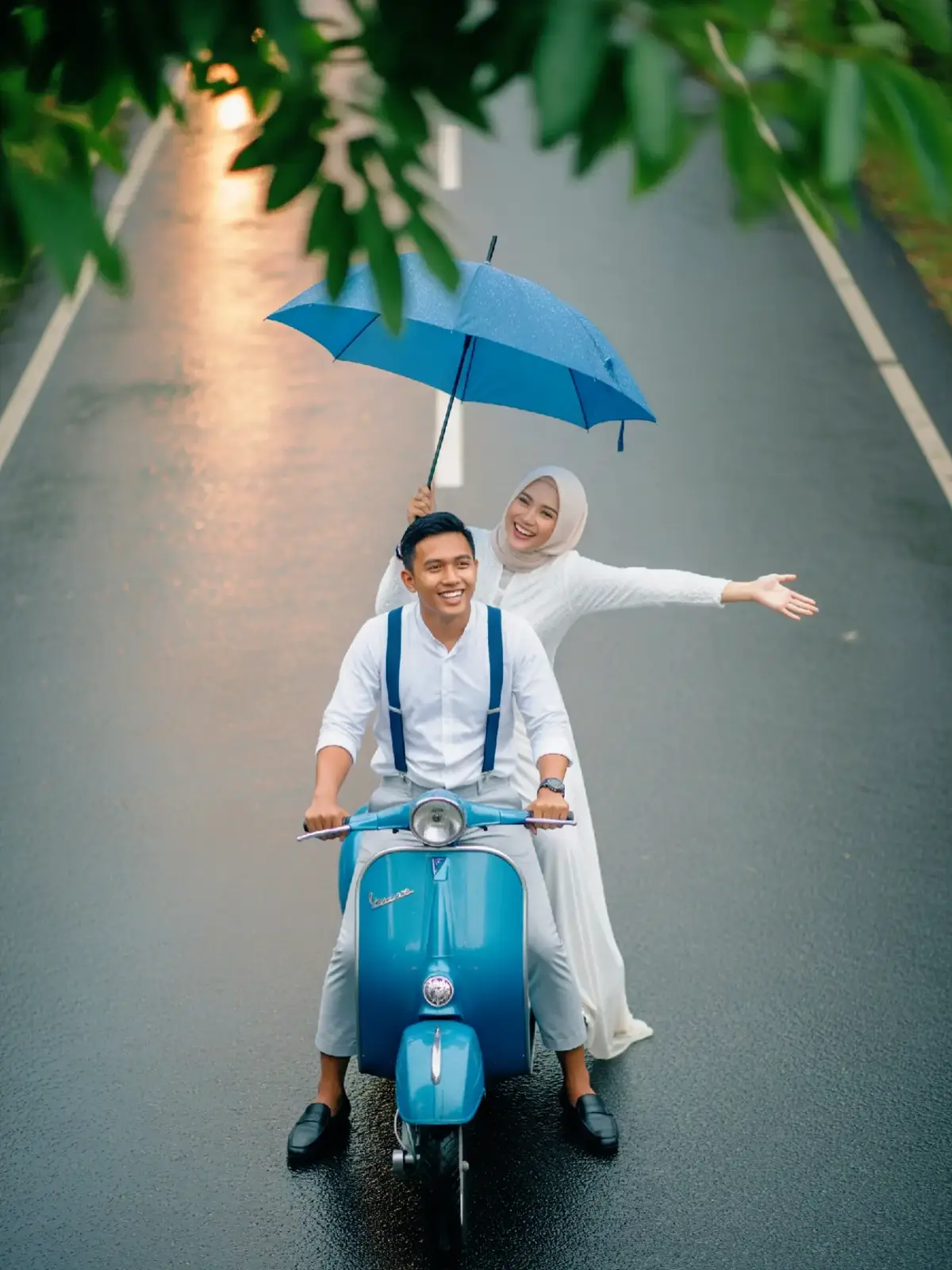 #potoprewedding #prewed  #jasaeditfoto #akofficial #editai  (Prompt) By AK Official Buatkan Foto pasangan muda Indonesia bergaya romantis di jalan raya saat hujan gerimis. Sang pria mengendarai motor skuter Vespa klasik berwarna biru cerah, mengenakan kemeja putih dengan celana abu-abu muda dan suspender biru. Ia tersenyum ceria sambil memegang setang motor. Di belakangnya, sang wanita duduk membonceng sambil mengenakan gaun panjang putih dengan hijab krem muda. Ia memegang payung biru terbuka di atas mereka, sambil merentangkan salah satu tangan dengan ekspresi gembira penuh kebebasan. Jalan aspal basah memantulkan cahaya lampu kendaraan yang samar di belakang, menciptakan suasana romantis dan dramatis. Daun pohon terlihat sedikit di tepi atas bingkai, menambah nuansa natural. Pencahayaan alami sore hari dengan nuansa lembut dan hangat, menghasilkan kesan penuh cinta, bahagia, dan spontan.