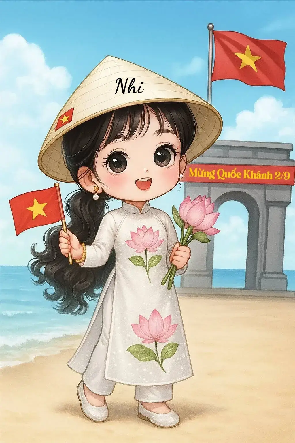 Tạo ảnh cô gái trẻ mặc áo dài với lá cờ chào mừng ngày Quốc Khánh 02/09 Chỉ cần FL and comment 