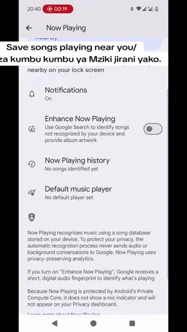 Kama unatabia za kutoka, afu unatamani simu yako itunze kumbu kumbu ya nyimbo zote zitakazopigwa sehemu utayokuwepo. Kwa ajili ya kuzisikiliza tena baadae. A google pixel Can save the playlist of the songs playing near you automatically. for future playback. Kuset Nenda. Go to settings-Display & Touch -Lock Screen-Now playing-Identify Songs playing nearby. #googlepixel#pixeltricks#pixelhacks#androidtips#smartphonephotography#pixelcamera#photographytips#techhacks#lifehacks#gadgets
